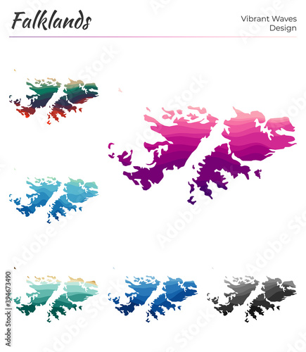 Set of vector maps of Falklands. Vibrant waves design. Bright map of country in geometric smooth curves style. Neat vector illustration.