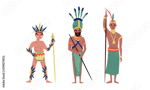 Armed Aboriginal or Native People Characters with American Indian and African Tribe Member Vector Illustration Set