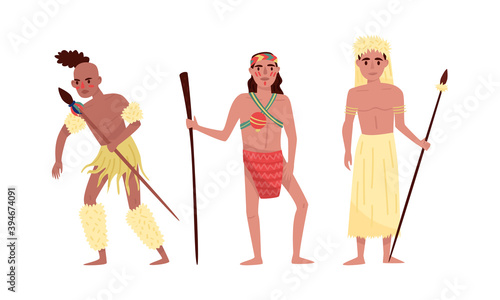 Armed Aboriginal or Native People Characters with American Indian and African Tribe Member Vector Illustration Set