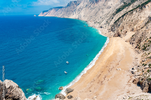 Panoramic view of the bay of Platia ammos beach in Lixouri, Kefalonia, Greece. An impressive, secluded beach accessible only by boat