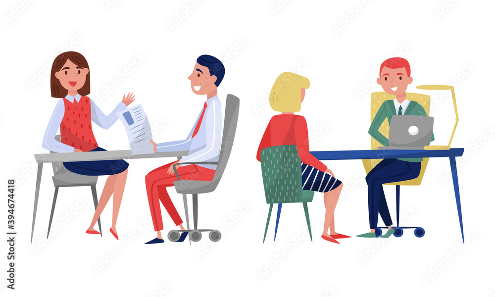 Employee Applicant Having Job Interview with HR Specialist Vector Illustration Set Employee Applicant Having Job Interview with HR Specialist Vector Illustration Set