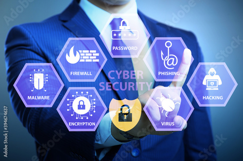 Cybersecurity concept with businessman pressing button photo