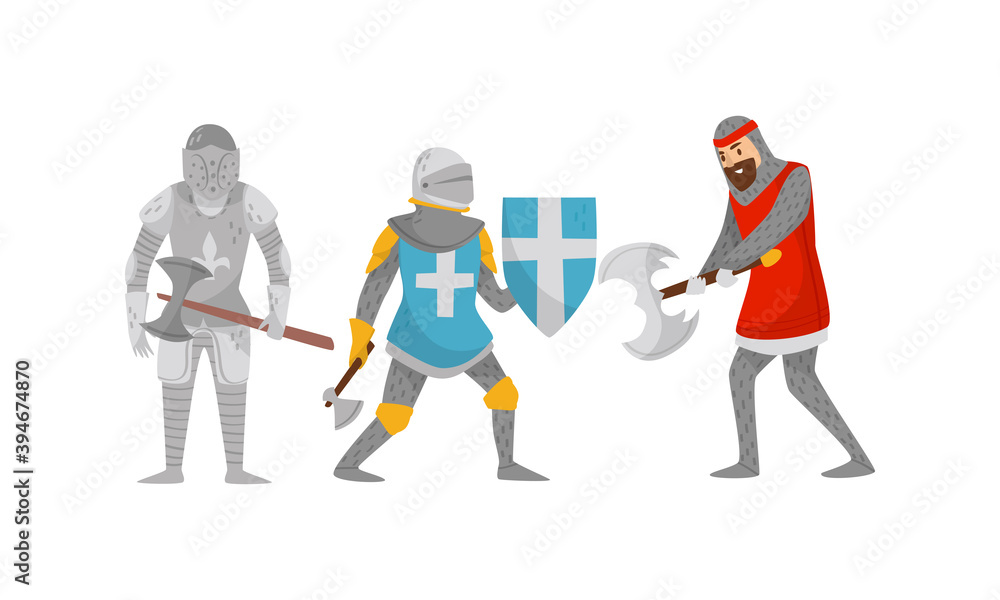 Knights in Iron Armour Suit and Sharp Hatchet Vector Set