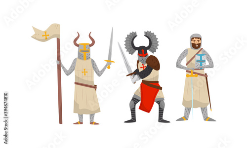 Crusaders in Iron Armour Suit and Sharp Sword Vector Set