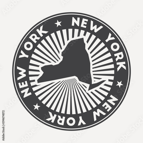 New York round logo. Vintage travel badge with the circular name and map of US state, vector illustration. Can be used as insignia, logotype, label, sticker or badge of the New York.