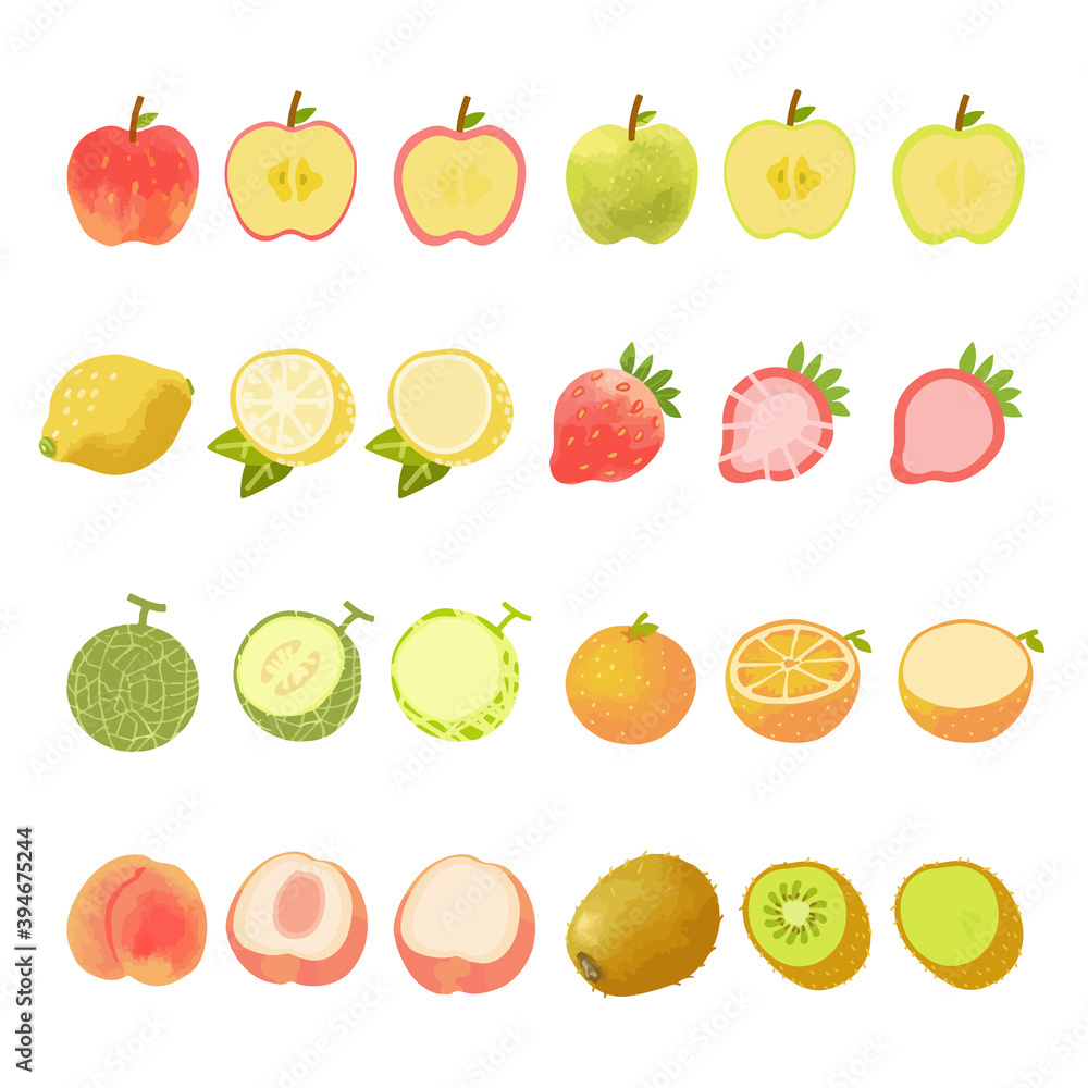 カラフルなフルーツの手描き水彩風ベクターイラストセット 全体 断面 Stock Vector Adobe Stock