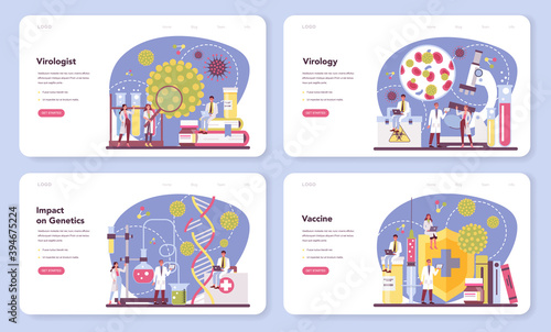Virologist web banner or landing page set. Scientist studies viruses