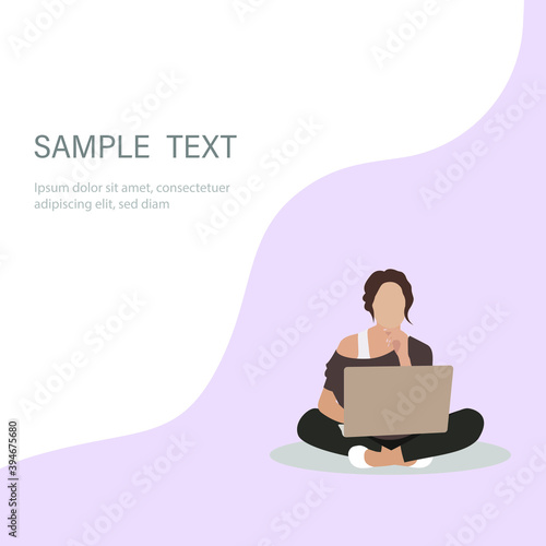 The girl is sitting and working on a laptop. Home office. Work at home or freelance. A young woman studies at home. Lifestyle of a freelancer. Home schooling.Space for text. Vector illustration 