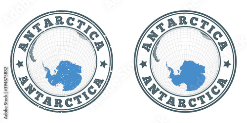 Antarctica round logos. Circular badges of country with map of Antarctica in world context. Plain and textured country stamps. Vector illustration.