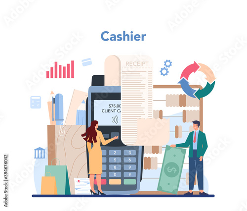 Cashier concept. Worker behind the cashier counter in the supermarket