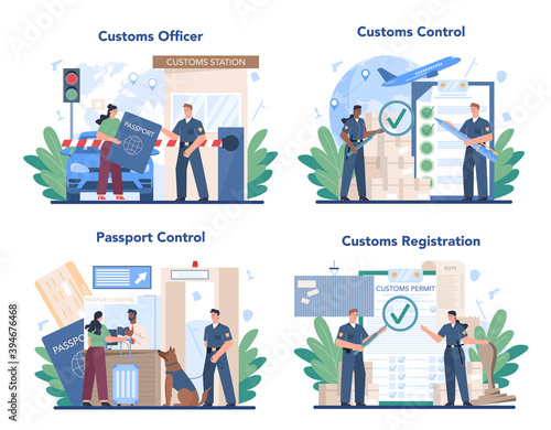 Customs officer concept set. Passport control at the airport.