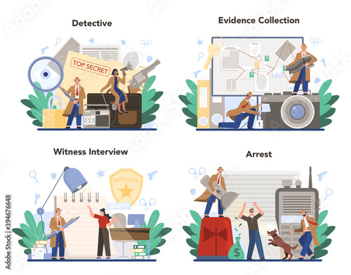 Professional detective concept set. Agent investigating a crime place