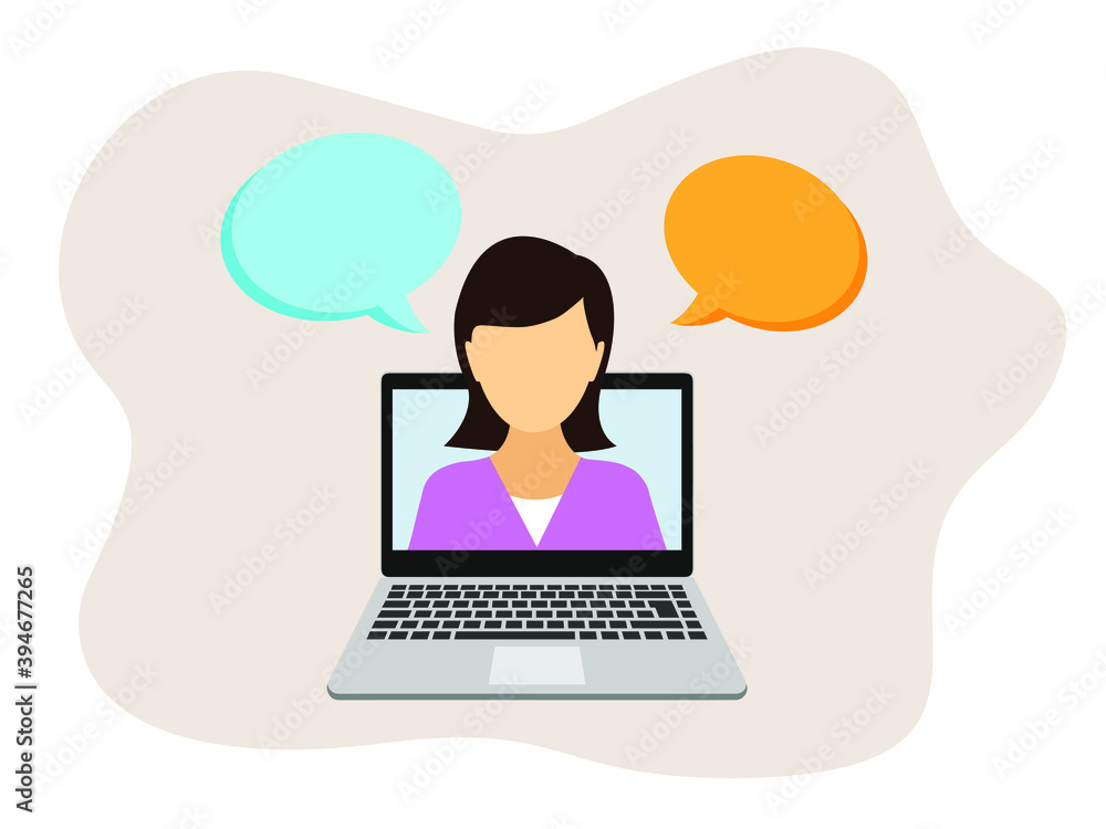 Training or meeting online via teleconference, remote video conferencing on a laptop computer, working from home . Stay at home. A woman speaks from a laptop monitor Training or meeting online via teleconference, remote video conferencing on a laptop computer, working from home . Stay at home. A woman speaks from a laptop monitor