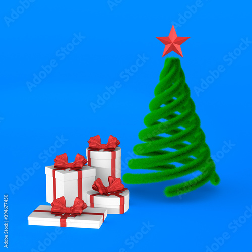 gift boxes with red bow and christmas tree on blue background. Isolated 3D il...