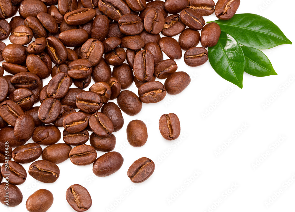Roasted Coffee Beans With Green Leaves Isolated On White Background Clipping Path And Full Depth Of Field Top View Stock Photo Adobe Stock