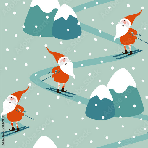 Christmas and New Year seamless pattern for greeting cards, wrapping paper. Christmas gnomes on skis, mountains, snow.