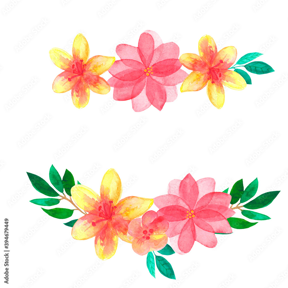 Fototapeta premium set of watercolor wreath illustrations, flower frame elements, airy and transparent flowers, orange, yellow, red flowers, handmade design elements perfect for greeting cards, wedding invitations