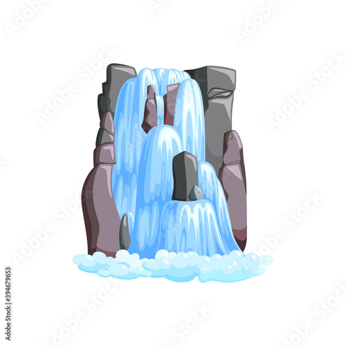 Waterfall cascade in mountains. Cascade of water in jungle mountains isolated in white background. Vector illustration in cartoon style