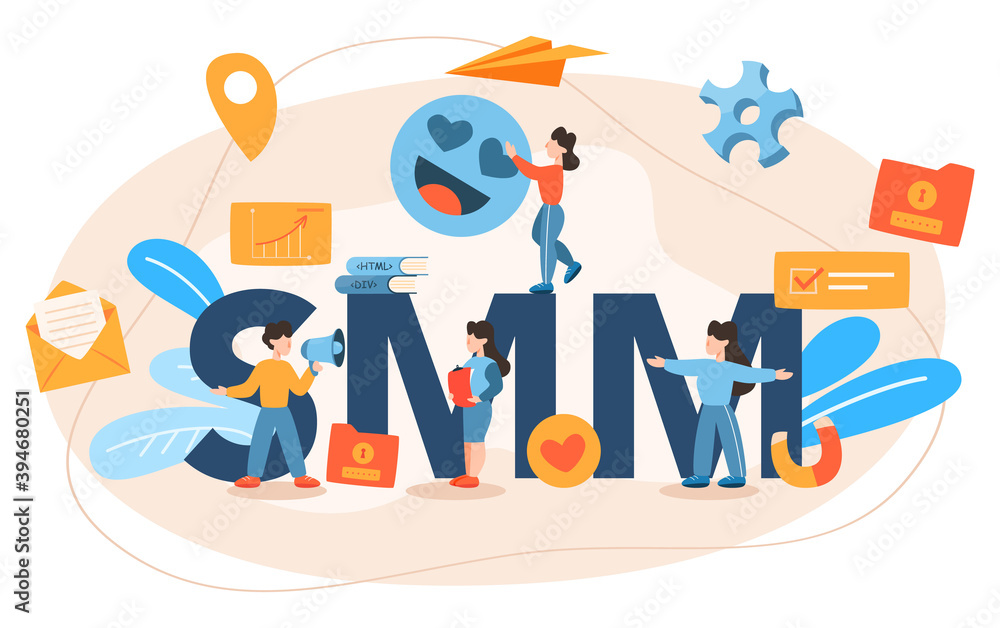 SMM social media marketing typographic header. Advertising of business