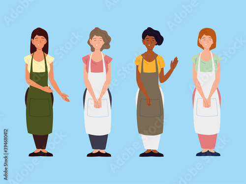 group women apron characters on blue background