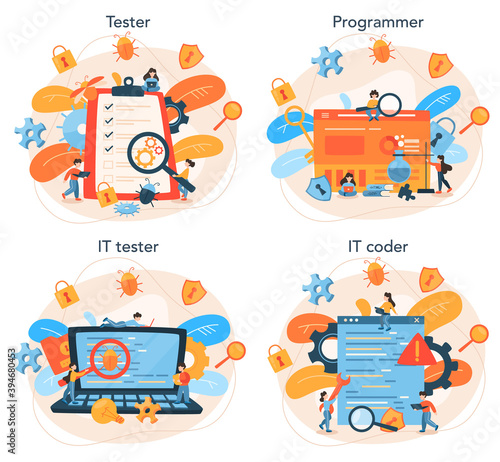 Testing software concept set. Application or website code test process