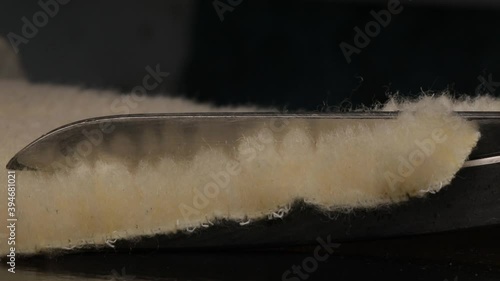 Man working with leather, shoemaker designer fashion work with shoes boots close up scissors factory handmade