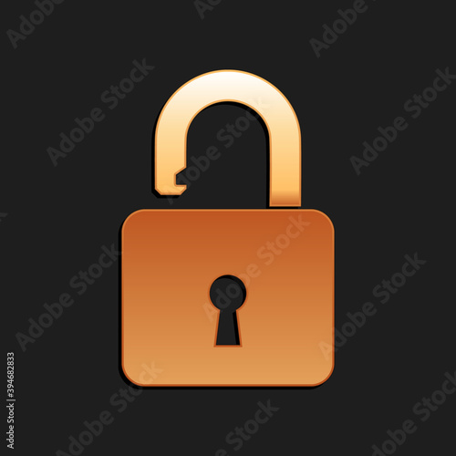 Gold Open padlock icon isolated on black background. Opened lock sign. Cyber security concept. Digital data protection. Safety safety. Long shadow style. Vector.