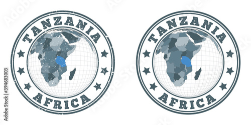 Tanzania round logos. Circular badges of the country with a map of Tanzania in a world context. Plain and textured country stamps. Vector illustration.