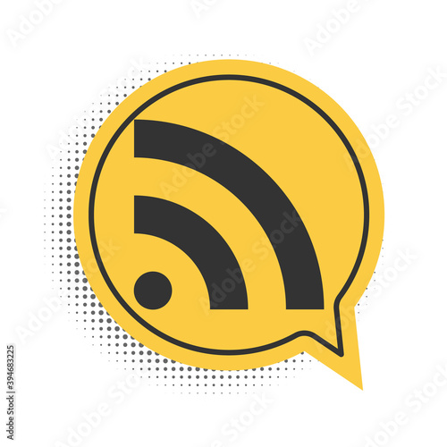 Black RSS icon isolated on white background. Radio signal. RSS feed symbol. Yellow speech bubble symbol. Vector.