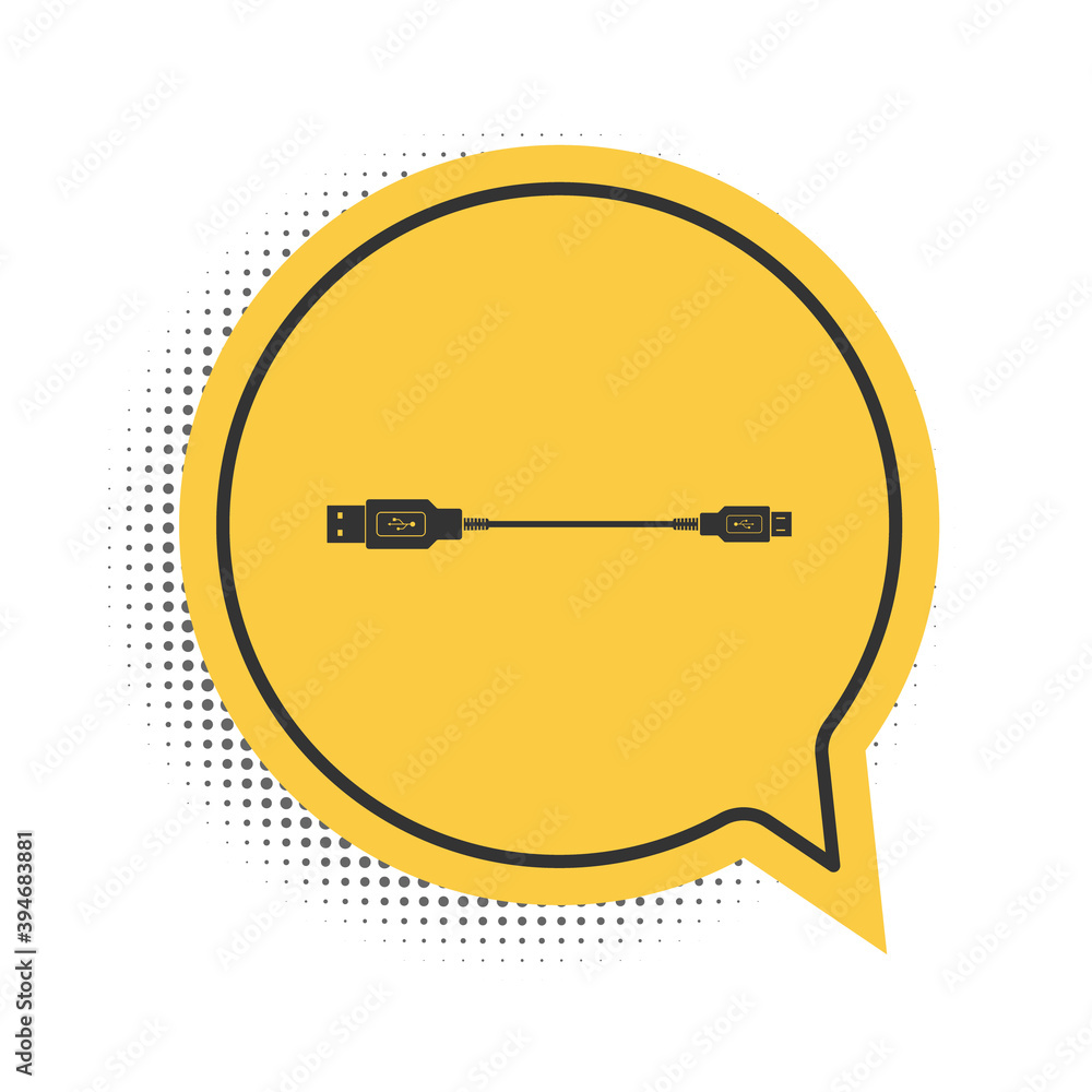 Black USB Micro cables icon isolated on white background. Connectors and sockets for PC and mobile devices. Smartphone recharge supply. Yellow speech bubble symbol. Vector. Black USB Micro cables icon isolated on white background. Connectors and sockets for PC and mobile devices. Smartphone recharge supply. Yellow speech bubble symbol. Vector.