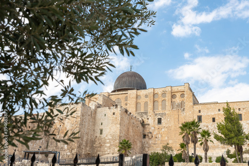 The walls  of the Temple Mount and Al-Aqsa Mosque in the Old Town of Jerusalem in Israel