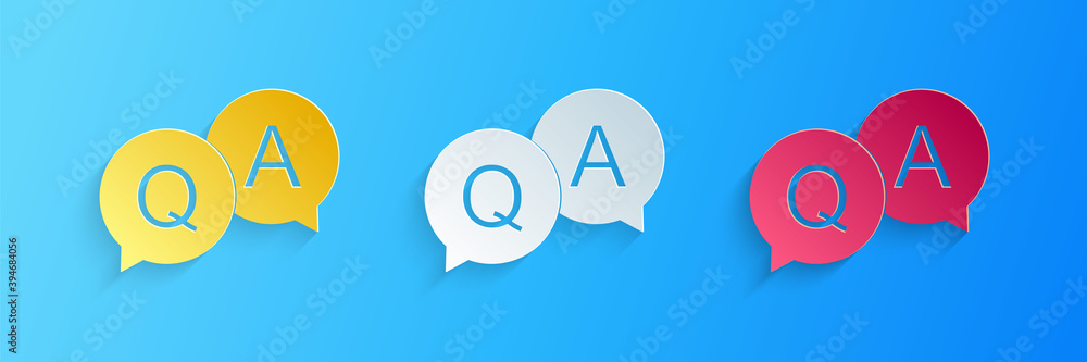 Paper cut Question and Answer mark in speech bubble icon isolated on blue background. Q and A symbol. FAQ sign. Copy files, chat speech bubble. Paper art style. Vector. - obrazy, fototapety, plakaty 