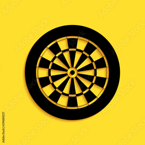Black Classic darts board with twenty black and white sectors icon isolated on yellow background. Dart board sign. Dartboard sign. Game concept. Long shadow style. Vector.