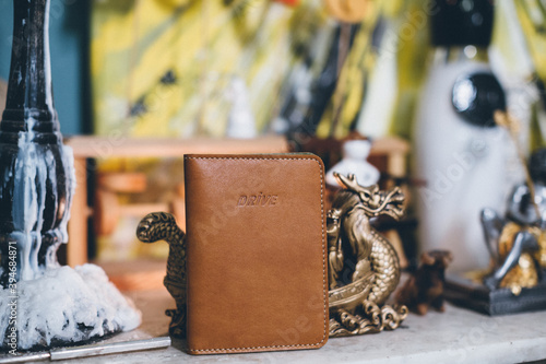 Photos Stylish brown leather wallet for driver's license, passport or id card