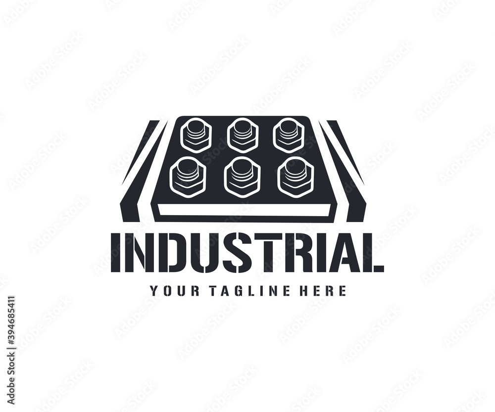 Industrial, bolts and nuts, metal, logo design. Screws, steel, workshop and metallurgy, vector design and illustration