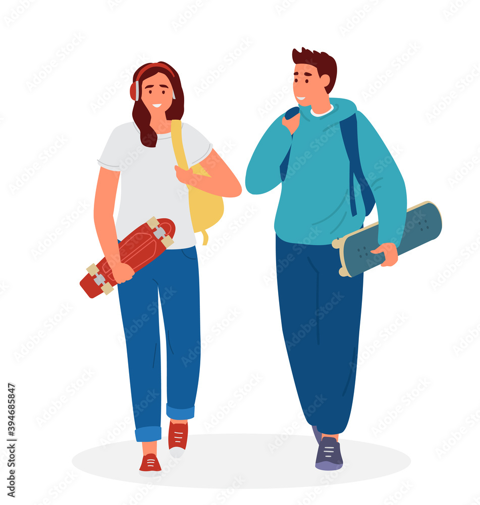 Teenage Couple Boy And Girl With Backpacks Walking Holding Skateboard And Penny Board. Flat Vector Illustration. Isolated On White.