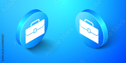 Isometric Briefcase icon isolated on blue background. Business case sign. Business portfolio. Blue circle button. Vector.