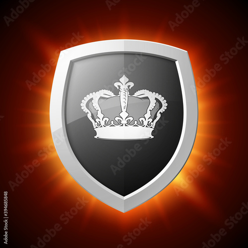Protection shield with crown concept icon. Safety badge with corona. Privacy diadem banner. Security label. Defense tag. Presentation sticker shape. illustration