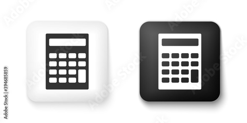 Black and white Calculator icon isolated on white background. Accounting symbol. Business calculations mathematics education and finance. Square button. Vector.