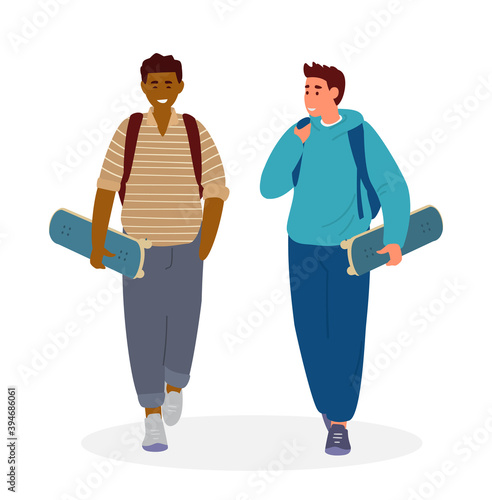 Teenage Boys With Backpacks Walking Holding Skateboards Talking. Flat Vector Illustration. Isolated On White.