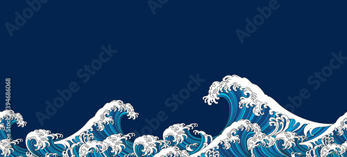 Japan wave oriental design seamless background. Vector illustration isolated on blue background.