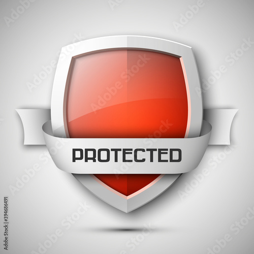 Protected ribbon shield concept with banner. Safety badge icon. Privacy banner tape. Security band protected label. Defense tag. Presentation sticker shape. Defense sign illustration