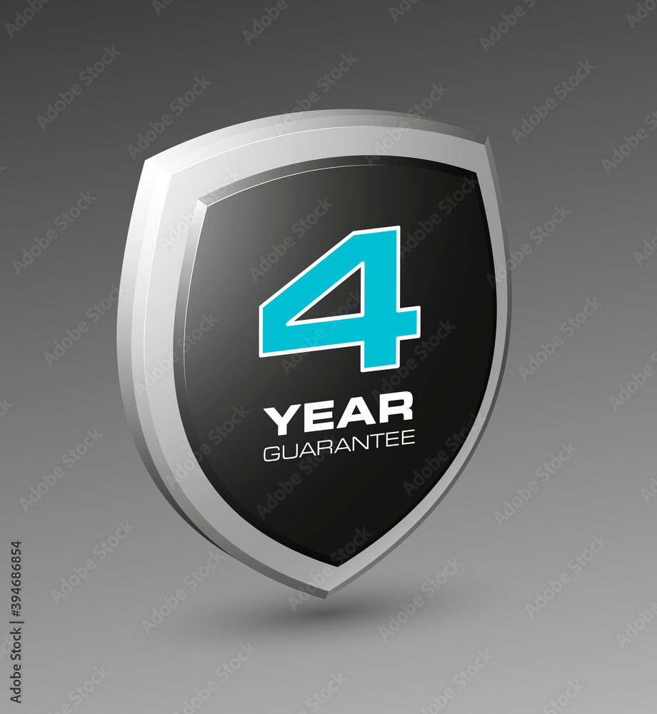 Shield with a text guarantee four year icon. Warranty 4 year Label obligations. Safeguard shield sign. Protect promise reliability badge. Security guaranteed shield illustration Shield with a text guarantee four year icon. Warranty 4 year Label obligations. Safeguard shield sign. Protect promise reliability badge. Security guaranteed shield illustration