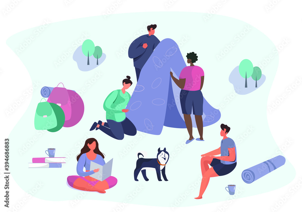 Camp Adventure and Family Trip with Dog.Camping with Active Frirnds Characters in Outdoor Travel.Summertime on Nature.Camp in Wildlife Nature Forest.Summer Picnic Activity.Flat Vector Illustration Camp Adventure and Family Trip with Dog.Camping with Active Frirnds Characters in Outdoor Travel.Summertime on Nature.Camp in Wildlife Nature Forest.Summer Picnic Activity.Flat Vector Illustration
