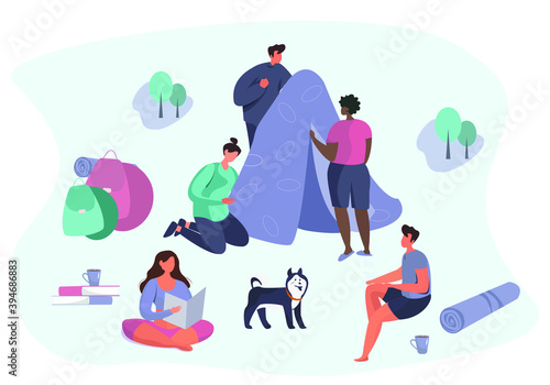 Camp Adventure and Family Trip with Dog.Camping with Active Frirnds Characters in Outdoor Travel.Summertime on Nature.Camp in Wildlife Nature Forest.Summer Picnic Activity.Flat Vector Illustration