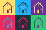 Pop art House icon isolated on color background. Home symbol. Vector.