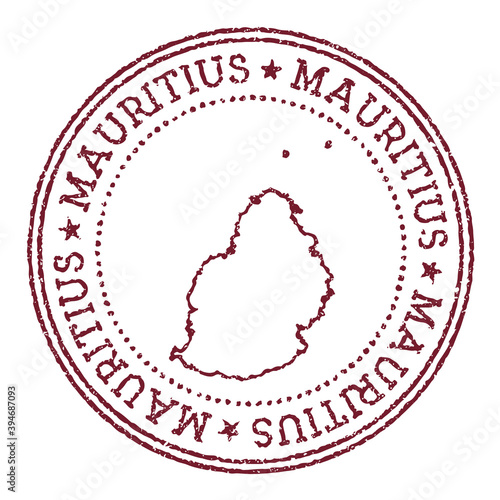 Mauritius round rubber stamp with island map. Vintage red passport stamp with circular text and stars, vector illustration.
