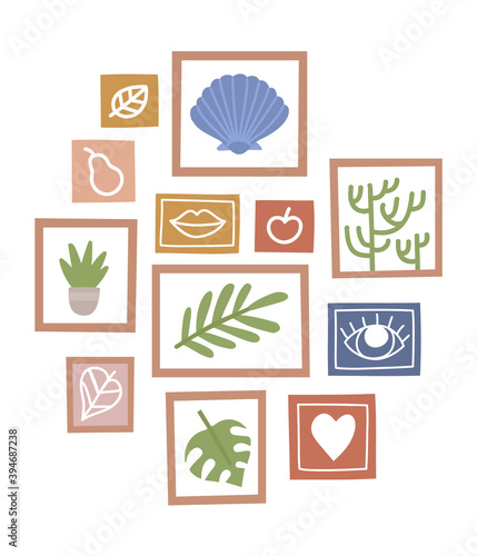 Flat vector illustration of pictures on wall, home decorations.