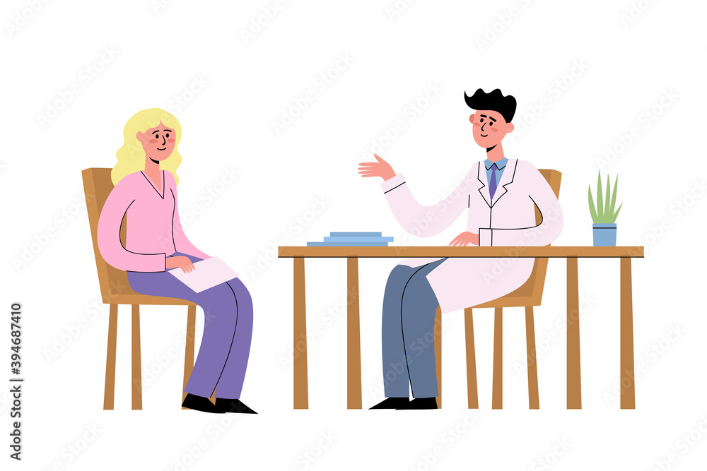 Flat vector illustration of doctor at table talking with patient Flat vector illustration of doctor at table talking with patient