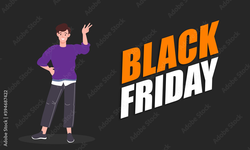 Young guy buy online from home. Black Friday hot sale vector fluyer Young guy buy online from home. Black Friday hot sale vector fluyer